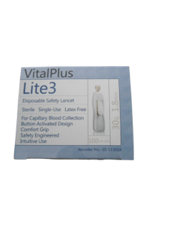 VİTALPLUS LİTE 3 TEK KULLANIMLIK GÜVENLİKLİ LANSET 1,8MM 30G 1KUTU =100 ADET
