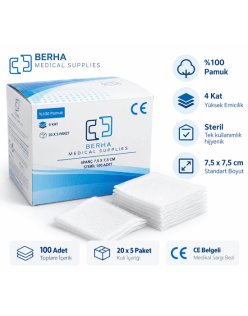 BERHA 7.5CMX7.5CM SPANÇ (100ADET=1KUTU) KLASİK DOKULU STERİL SPANÇ