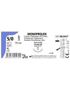 MONOPROLEN 5/0 16 MM 3/8 AŞAĞI KESKİN 75CM TEK İĞNE ML2022 CERRAHİ SÜTUR